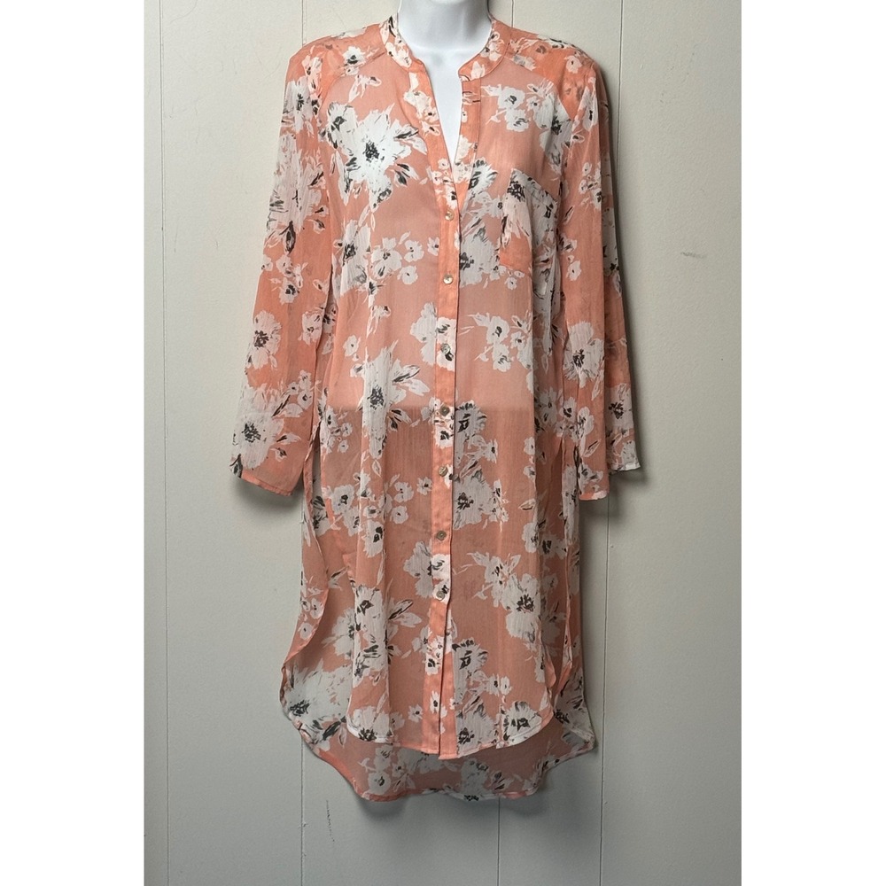 Lipslide Floral Button Up Tunic Top Peach Chiffon High Low Long Sleeve Sz Medium